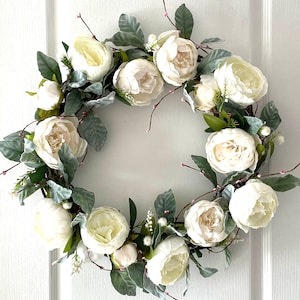 White Peony Wreath with Lambs Ear and Lavender. Spring Wreath for Front Door, Spring Wreaths for Door.  Front door wreath farmhouse.