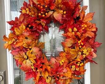 Maple Leaves with berries. Fall maple berry wreath. Orange and red wreath