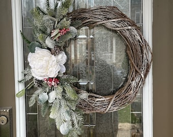 Peony Pine Winter Wreath. Pine with Eucalyptus Wreath. Christmas Wreath