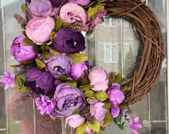 Peony Wreath. Lavender Spring Wreath. Purple Wreath Decor