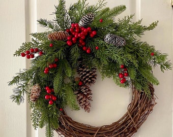 Christmas Front Door Wreath. Faux Evergreen Wreath. Rustic Wreath, Evergreen. Winter Greenery Wreath. Berry Pinecone Wreath.Farmhouse Wreath