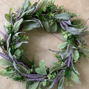 Lavender and Lambs Ear Wreath,Farmhouse Wreath,Summer Wreath,All Year Wreath. Gift Wreath. Greenery Wreath. Front Door Wreath. Wreath image 1