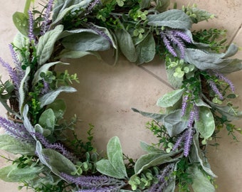 Lavender and Lambs Ear Wreath,Farmhouse Wreath,Summer Wreath,All Year Wreath. Gift Wreath. Greenery Wreath. Front Door Wreath. Wreath