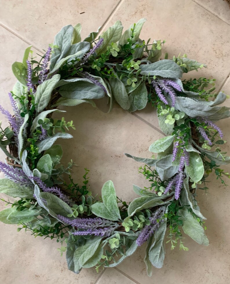 Lavender and Lambs Ear Wreath,Farmhouse Wreath,Summer Wreath,All Year Wreath. Gift Wreath. Greenery Wreath. Front Door Wreath. Wreath image 1