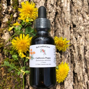 May include: A brown glass bottle with a dropper top, labeled "Red Cardinal Store California Poppy (Eschscholzia californica) 1 Ounce 1:2 Herb/menstruum ratio". The bottle is sitting on a tree trunk with moss and yellow flowers.