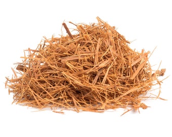 May include: A pile of dried, shredded, light brown bark. The bark is in thin, fibrous strands.