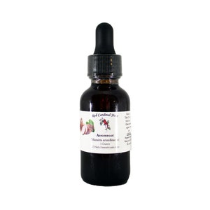 May include: A dark brown glass bottle with a black dropper top. The bottle is labeled "Arrowroot" and "Red Cardinal Stir" with a picture of arrowroot. The bottle contains 1 ounce of arrowroot tincture.