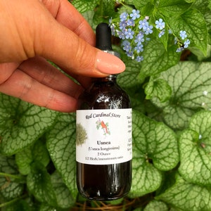 May include: A 2 ounce bottle of Usnea tincture from Red Cardinal Store. The label is brown with white text and a red cardinal illustration. The bottle is in a hand against a background of green leaves and blue flowers.