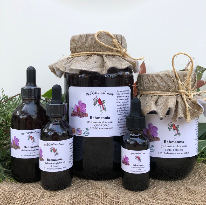 May include: Four bottles of Rehmannia herbal extract in various sizes, from 2 ounces to 1 quart, with a red cardinal logo and the text "Red Cardinal Store".