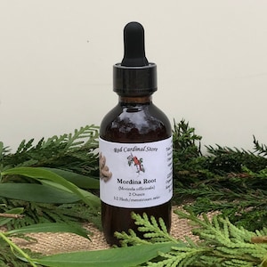 May include: A 2-ounce bottle of Mordina Root (Morinda officinalis) tincture. The bottle is brown glass with a black dropper lid. The label is white with red text and a red cardinal illustration. The bottle is sitting on a burlap surface with green foliage.