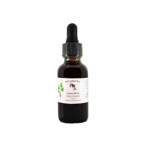 May include: A small, dark brown glass bottle with a dropper top. The bottle is labeled "Coptis Root (Coptis chinensis)" and "Red Cardinal Herbs".