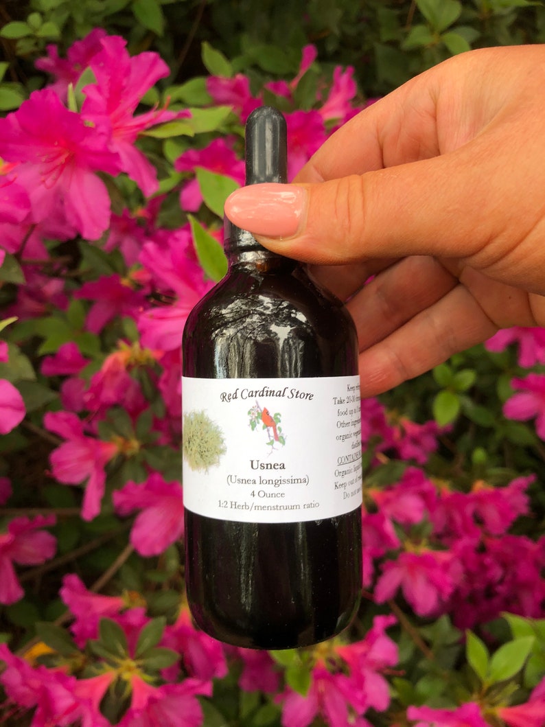 May include: A dark glass bottle with a dropper, labeled "Red Cardinal Store" and "Usnea (Usnea longissima) 4 Ounce 1:2 Herb/menstruum ratio".