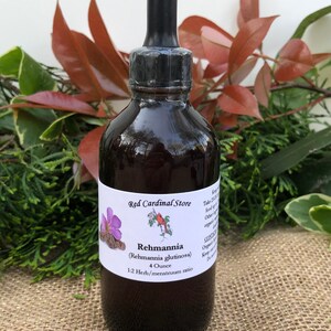 May include: A 4 ounce bottle of Rehmannia (Rehmannia glutinosa) herbal extract. The bottle is brown glass with a black dropper lid. The label is white with red cardinal logo and text that reads "Red Cardinal Store", "Rehmannia (Rehmannia glutinosa)", "4 Ounce", and "1:2 Herb/menstruum ratio".