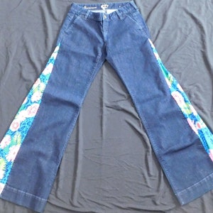 Anne Taylor Loft Dark Blue Denim Curvy Women’s Jeans Size 4 altered with blue leopard print tropical flowers into Bell Bottom Flare Wide