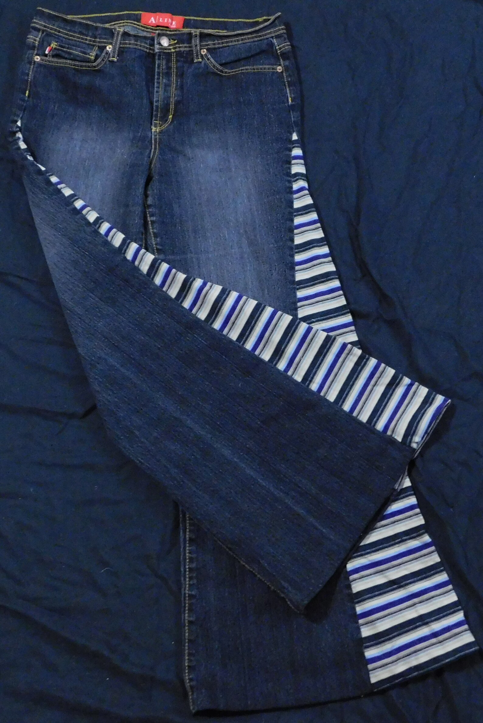 A Line Black Denim With Gold Stitching Womens Jeans Altered Into Bell