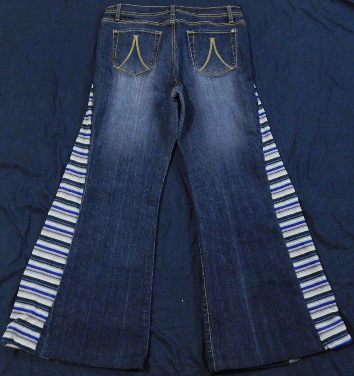 A Line Black Denim With Gold Stitching Womens Jeans Altered Into Bell