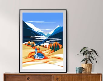 Printable wall poster. Church among the autumn mountains.