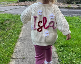 Oversized Personalised Cream Baby Children’s Name Chunky Knit Cardigan, Hand Embroidered. Gift for new baby