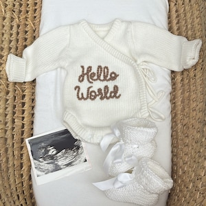 Personalised Baby Name Knit White Vest Bodysuit Romper, Hand Embroidered. New baby gift pregnancy name announcement