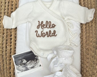 Personalised Baby Name Knit White Vest Bodysuit Romper, Hand Embroidered. New baby gift pregnancy name announcement