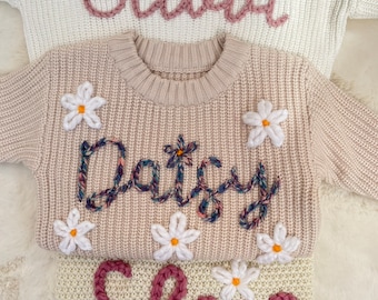 Oversized Personalised Baby Children’s Name Knit Jumper Sweater Cardigan, Hand Embroidered. Gift for new baby