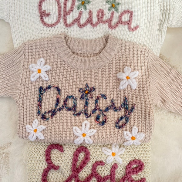 Oversized Personalised Baby Children’s Name Knit Jumper Sweater Cardigan, Hand Embroidered. Gift for new baby