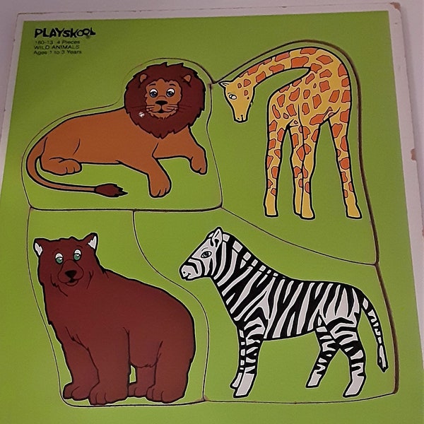 Wild Animals Lion Zebra Giraffe Bear Puzzle Wooden Puzzle Playskool Vintage USA