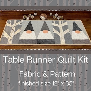 Birch Gnomes Table Runner Quilt Kit Fabric & Pattern Easy Beginner Quilt Pattern PDF Gray and White Farmhouse Quilt Pattern