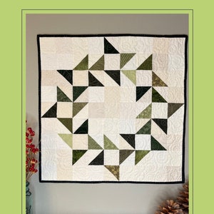 Evergreen Wreath Mini Quilt Pattern Easy Beginners PDF Quilt Pattern Christmas Quilt Pattern Farmhouse Quilt Pattern Green and Cream Quilt