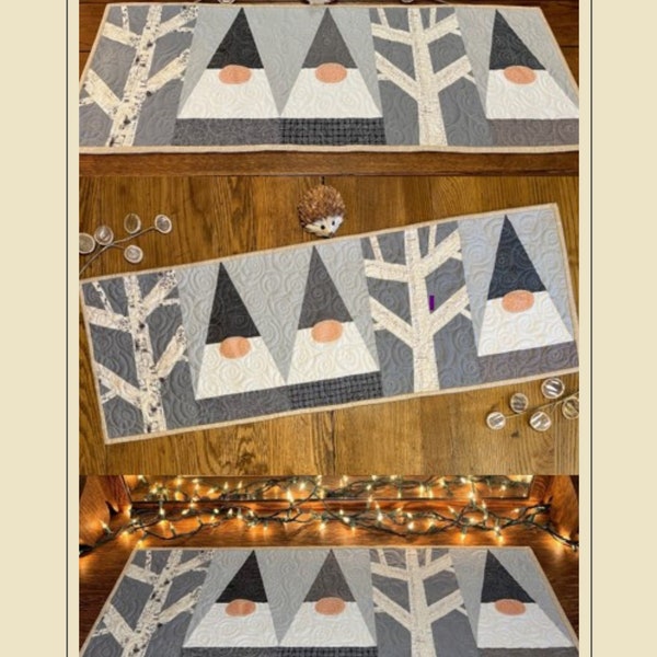 Birch Gnomes Table Runner Easy Quilt Pattern for Beginners PDF Gnome Quilt Birch Gray and White Christmas Farmhouse Quilt Quilt Pattern