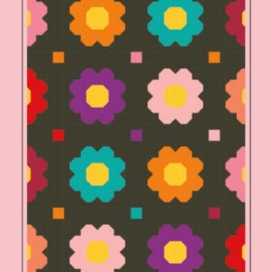 May include: A quilt pattern called "Posie Patch" featuring a colorful floral design with a dark brown background. The pattern is 58 inches by 58 inches and is labeled "Pattern No. 029".