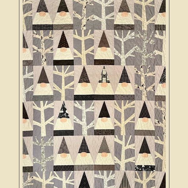 Birch Gnomes Quilt Muster Einfache Anfänger Quilt Muster PDF Wald Winter Wichtel Quilt Grau und Weiß Weihnachten Bauernhaus