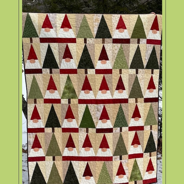 Balsam Gnomes Quilt Pattern Easy Beginners Quilt Pattern PDF Christmas Quilt Pattern Farmhouse Red & Emerald Green Quilt Pattern