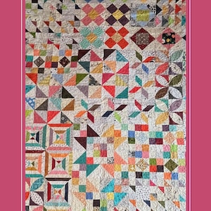 May include: A colourful patchwork quilt featuring a range of geometric patterns and fabrics. The quilt is available in three sizes: 82" x 82" throw, 88" x 88" twin/full, and 92" x 92" full/queen.