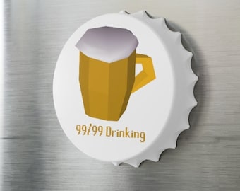 May include: White bottle cap magnet with a cartoon image of a yellow beer mug and the text "99/99 Drinking".