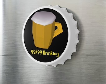 May include: A white bottle opener with a black background featuring a yellow cartoon beer mug with a white foam top. The text "99/99 Drinking" is written in yellow below the mug.