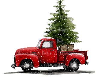 Vintage Christmas Truck Clipart: Rustic Red & Blue Pickup (PNGs)