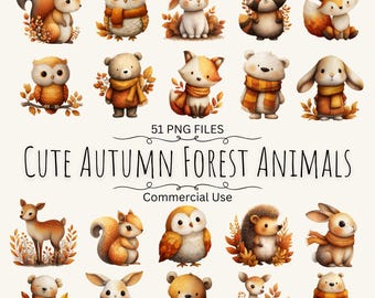 Watercolor Autumn Forest Animals Clipart Bundle: 51 PNGs (Digital Download)