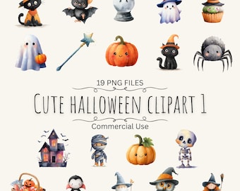 Cute Halloween Watercolor Clipart Bundle | 19 PNGs with Ghosts, Pumpkins, Cats, Witches, Skeletons & Haunted House Designs