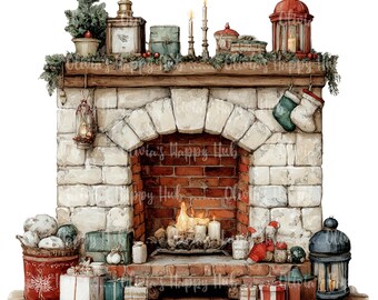Watercolor Christmas Fireplace Clipart Bundle: Holiday PNG Images (Digital Download)