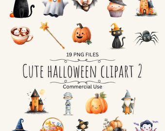 19 Cute Halloween Clipart PNGs, Watercolor Spooky Art, Digital Download for Greeting Cards, Paper Crafts, Junk Journals