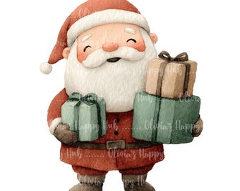 Watercolor Santa Claus Clipart: 12 Christmas PNG Illustrations (Digital Download)