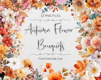 Watercolor Autumn Flower Bouquets Clipart: 12 Fall Floral PNGs (Digital Download)