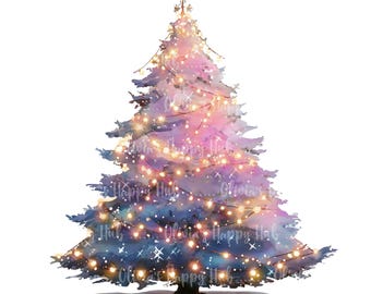 Fantasy Watercolor Christmas Tree Clipart | 14 PNG Fairytale Trees with Lights & Sparkles
