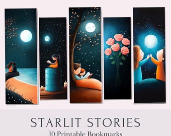 Starlit Stories Printable Bookmarks – Set of 10, Digital Download PDF Bookmark Sheets, Celestial Reading Gift, Starry Night Book Lover Gift