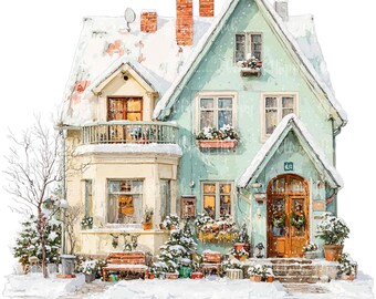 Christmas House Clipart | 12 PNG Cozy Snowy Homes with Wreaths & Lights | Watercolor Holiday Art