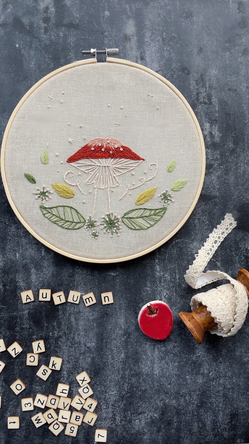 Autumn mushroom handmade embroidery hoop art image 1