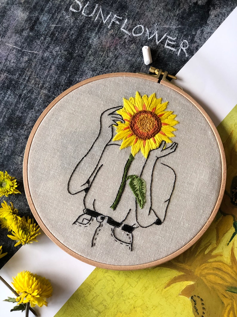 Sunflower handmade embroidery hoop art image 1