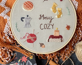 Autumn cozy handmade embroidery hoop art