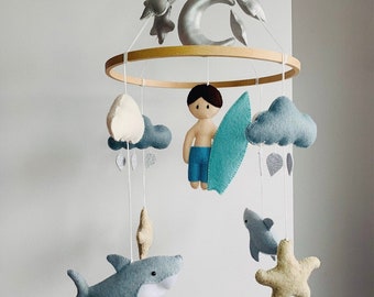 Beach baby mobile  , shark mobile , baby mobile ocean , coastal nursery , surfing mobile , Hawaiian nursery decor